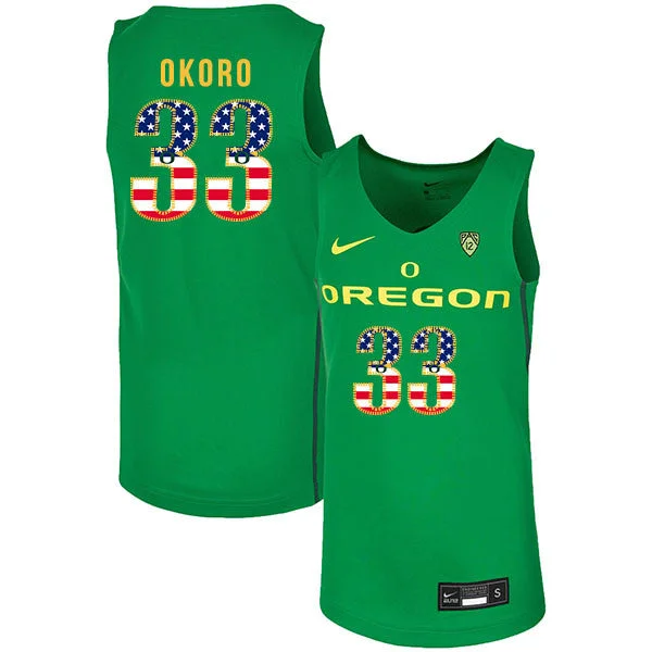 Basketball Jersey for Full-Court Game Wear-Oregon Ducks 33 Francis Okoro Green USA Flag College Basketball Basketball Jersey