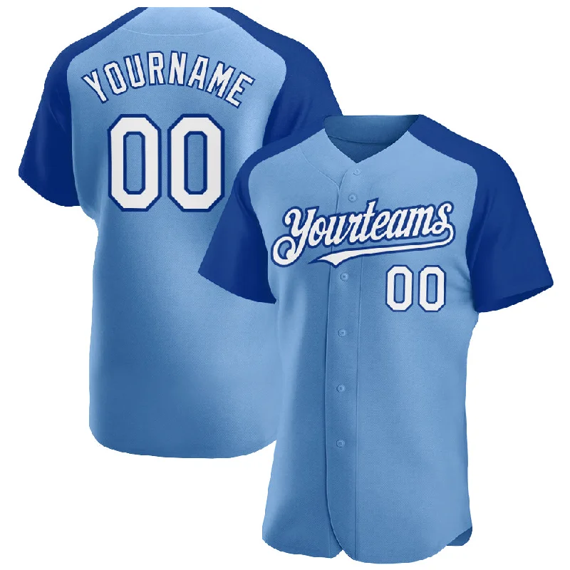 Baseball Jersey for Softball Player Designs-Custom Light Blue White-Royal Authentic Raglan Sleeves Baseball Jersey