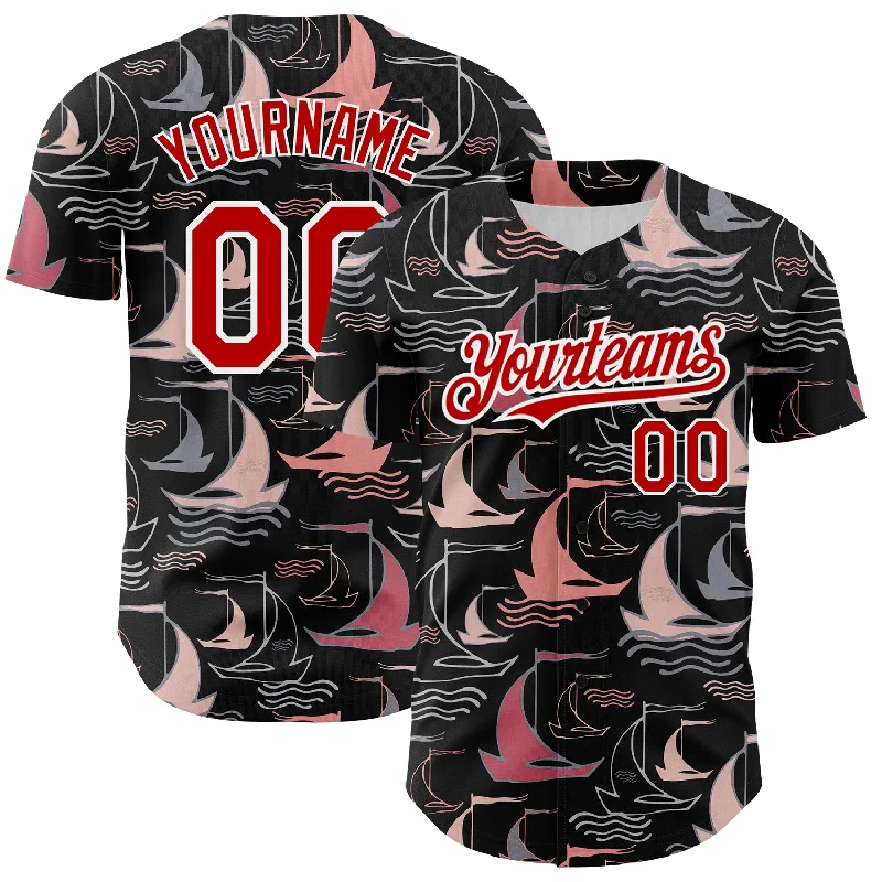 Baseball Jersey for Vintage Style-Custom Black Red-White 3D Pattern Design Sailing Boats Authentic Baseball Jersey