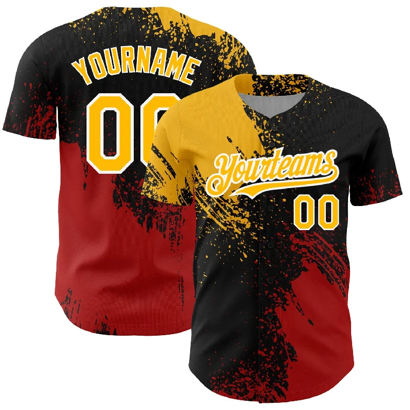 Baseball Jersey for Baseball Event Wear-Custom Black Gold-Red 3D Pattern Design Abstract Brush Stroke Authentic Baseball Jersey