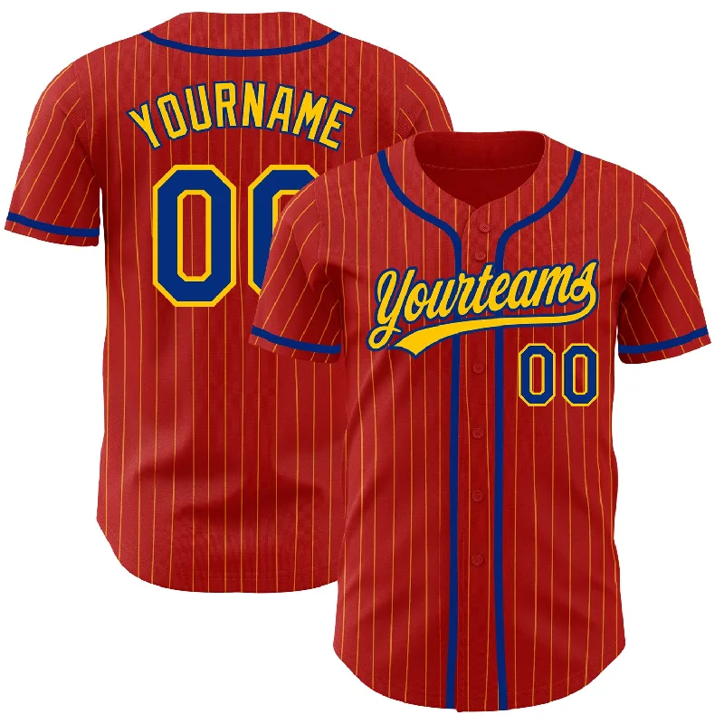 Baseball Jersey for Official Team Branding-Custom Red Yellow Pinstripe Royal Authentic Baseball Jersey