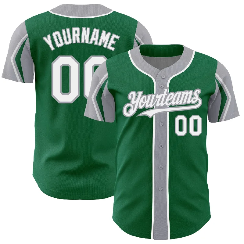 Baseball Jersey for Custom Designs and Graphics-Custom Kelly Green White-Gray 3 Colors Arm Shapes Authentic Baseball Jersey