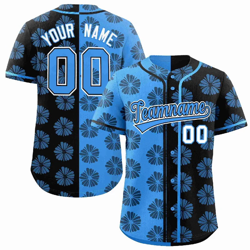 Baseball Jersey for High-School Baseball Teams-Custom Powder Blue Black Split Fashion Flower Graffiti Pattern Authentic Baseball Jersey