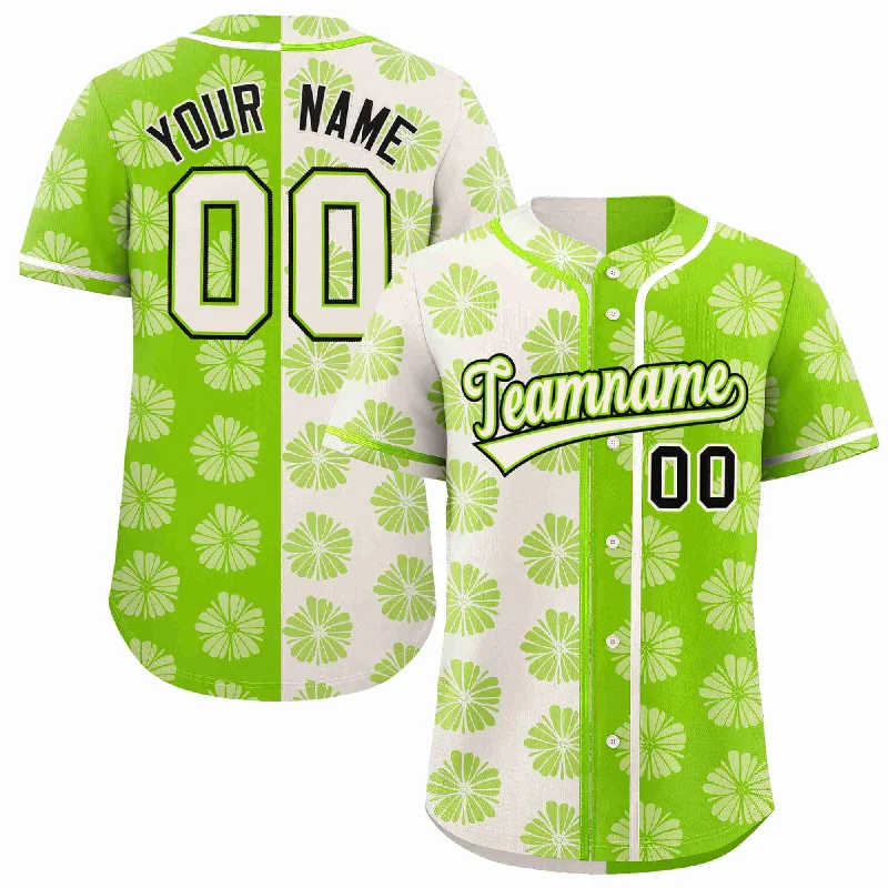 Baseball Jersey for Professional Baseball Gear-Custom Cream Neon Green Split Fashion Flower Graffiti Pattern Authentic Baseball Jersey