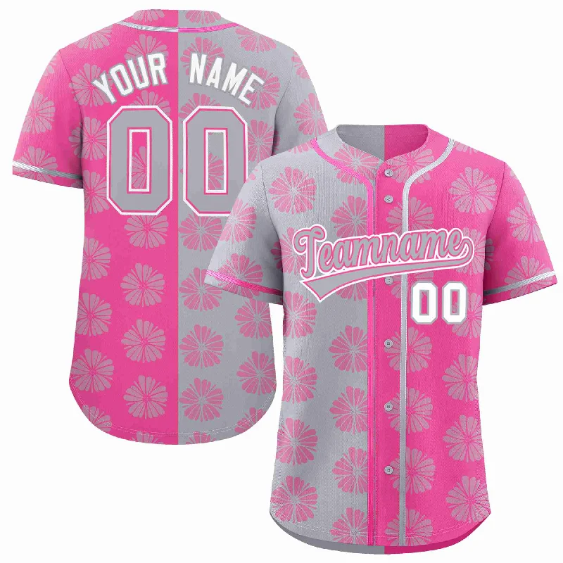 Baseball Jersey for Women-Custom Light Gray Pink Split Fashion Flower Graffiti Pattern Authentic Baseball Jersey