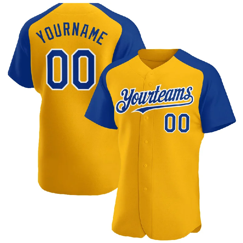 Baseball Jersey for Comfortable Everyday Wear-Custom Gold Royal-White Authentic Raglan Sleeves Baseball Jersey