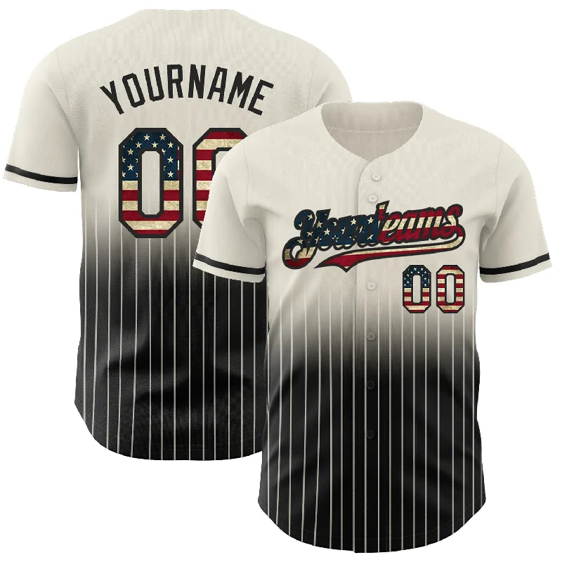 Baseball Jersey for Softball and Baseball Customization-Custom Cream Pinstripe Vintage USA Flag-Black Authentic Fade Fashion Baseball Jersey