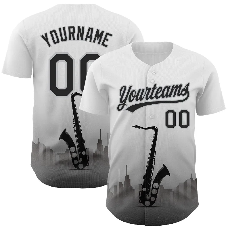 Baseball Jersey for Comfortable Team Fan Gear-Custom White Black-Gray 3D Pattern Design City Of Jazz Music Authentic Baseball Jersey