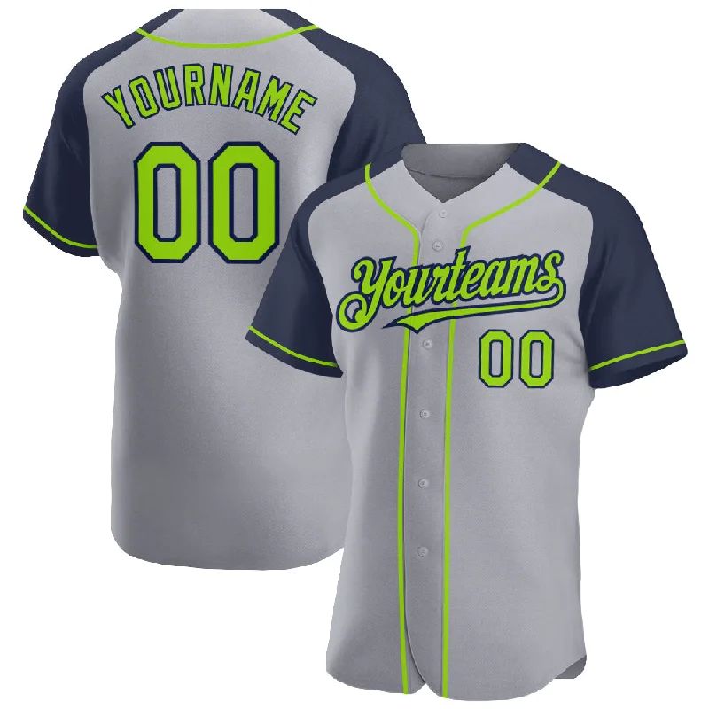 Baseball Jersey for Lightweight Team Gear-Custom Gray Neon Green-Navy Authentic Raglan Sleeves Baseball Jersey