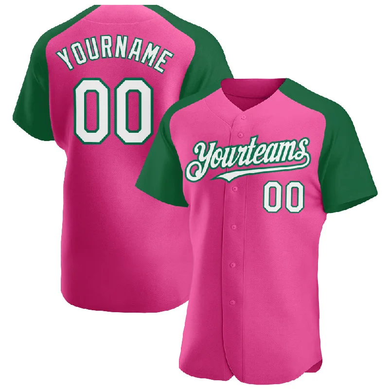 Baseball Jersey for High-Quality Youth Uniforms-Custom Pink White-Kelly Green Authentic Raglan Sleeves Baseball Jersey