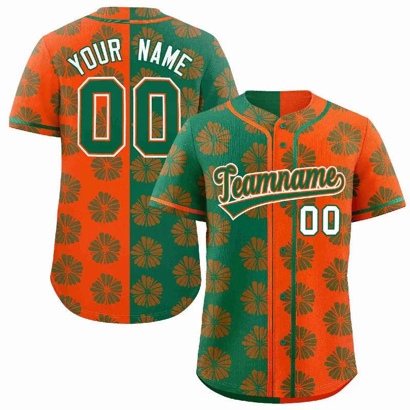 Baseball Jersey for Quality Fabric Finish-Custom Kelly Green Orange Split Fashion Flower Graffiti Pattern Authentic Baseball Jersey