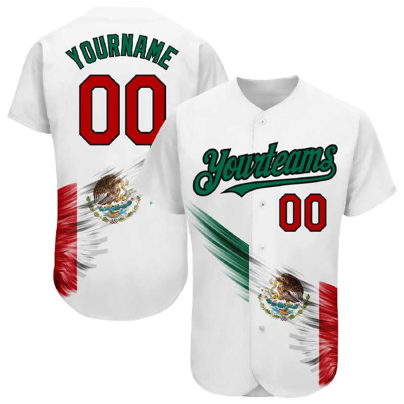 Baseball Jersey for Customizable Player Jerseys-Custom White Red Kelly Green-Black 3D The Abstract Wing With Mexican Flag Authentic Baseball Jersey