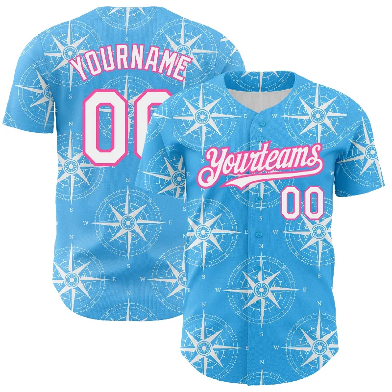 Baseball Jersey for Softball Team Custom Jerseys-Custom Sky Blue White-Pink 3D Pattern Design Navigation Compass Authentic Baseball Jersey