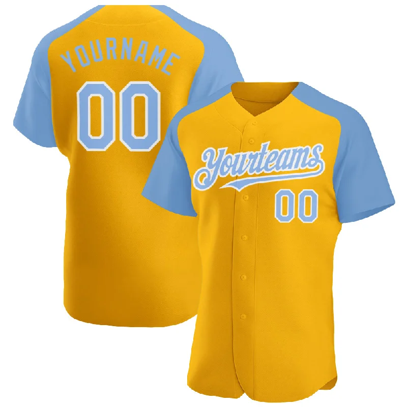 Baseball Jersey for Official Team Branding-Custom Gold Light Blue-White Authentic Raglan Sleeves Baseball Jersey