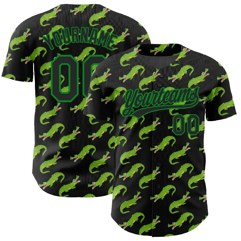 Baseball Jersey for Home and Away Games-Custom Black Grass Green 3D Pattern Design Crocodile Authentic Baseball Jersey