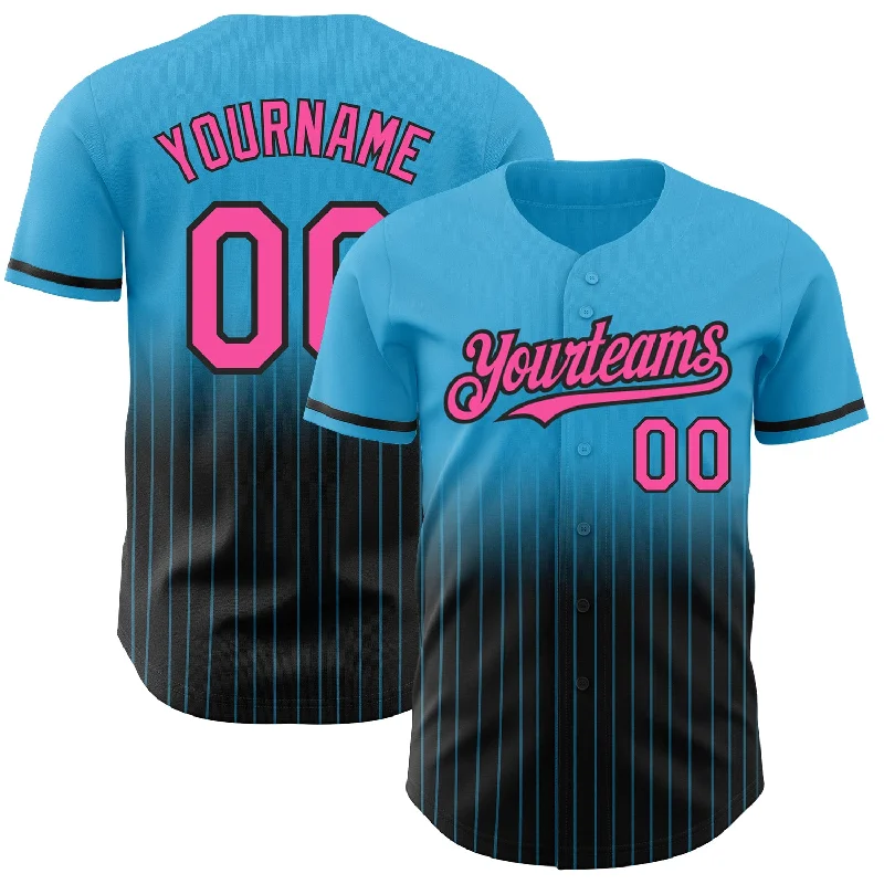 Baseball Jersey for Comfortable Game Day-Custom Sky Blue Pinstripe Pink-Black Authentic Fade Fashion Baseball Jersey