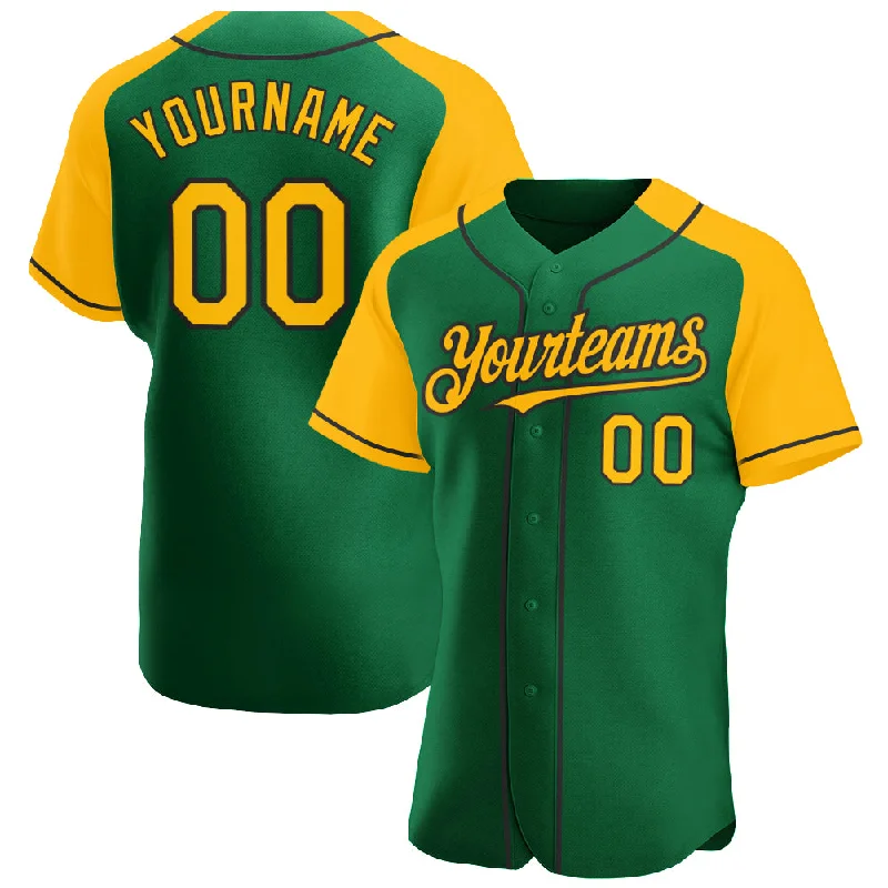 Baseball Jersey for Cool and Breathable Fit-Custom Kelly Green Gold-Black Authentic Raglan Sleeves Baseball Jersey