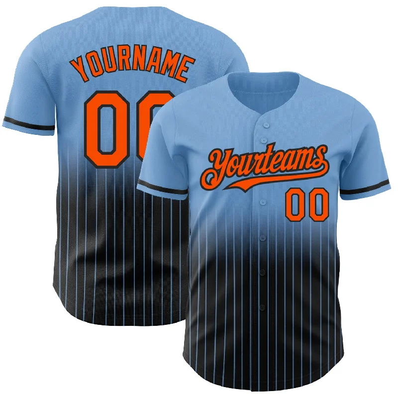 Baseball Jersey for Youth Custom Jerseys-Custom Light Blue Pinstripe Orange-Black Authentic Fade Fashion Baseball Jersey