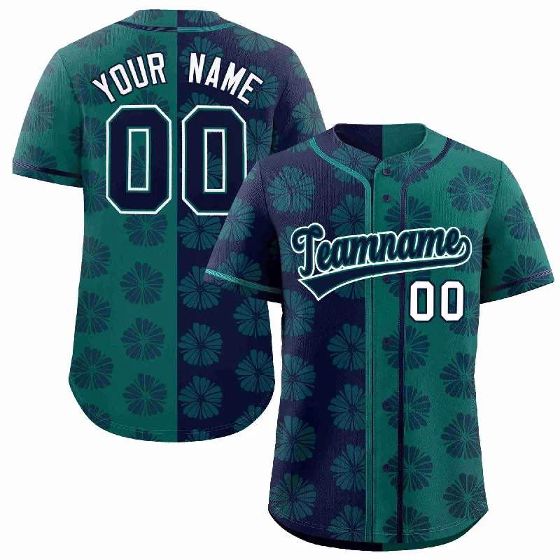 Baseball Jersey for College Teams-Custom Navy Aqua Split Fashion Flower Graffiti Pattern Authentic Baseball Jersey