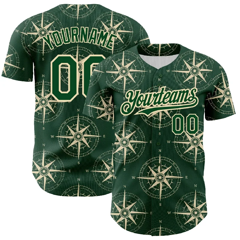 Baseball Jersey for Youth and Adult Sizes-Custom Green City Cream 3D Pattern Design Navigation Compass Authentic Baseball Jersey