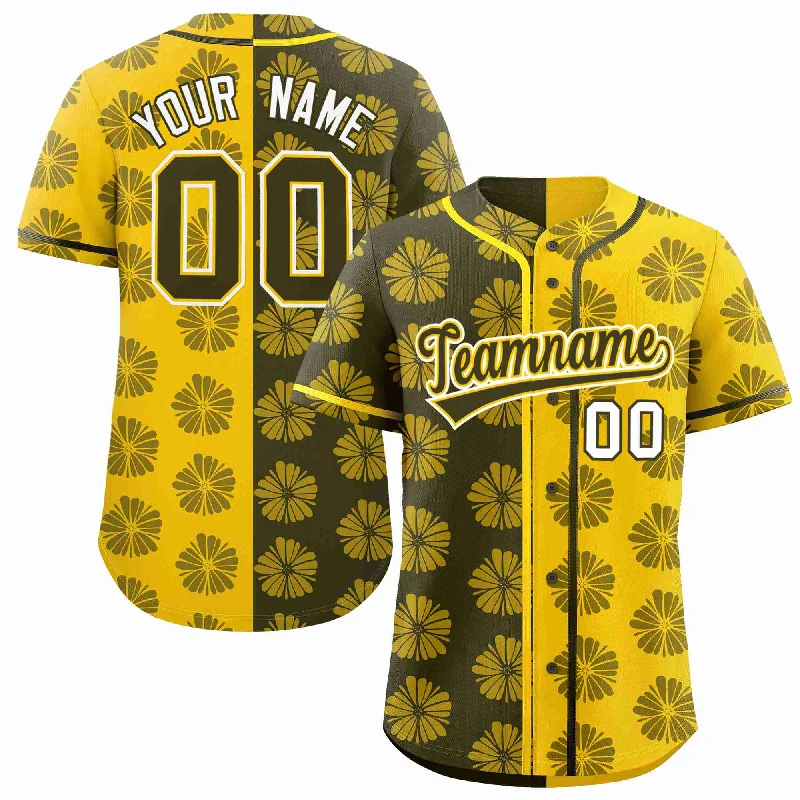 Baseball Jersey for Cool Fabric and Design-Custom Olive Gold Split Fashion Flower Graffiti Pattern Authentic Baseball Jersey