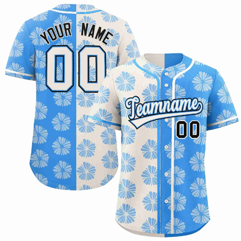 Baseball Jersey for Customizable Player Names-Custom Cream Powder Blue Split Fashion Flower Graffiti Pattern Authentic Baseball Jersey