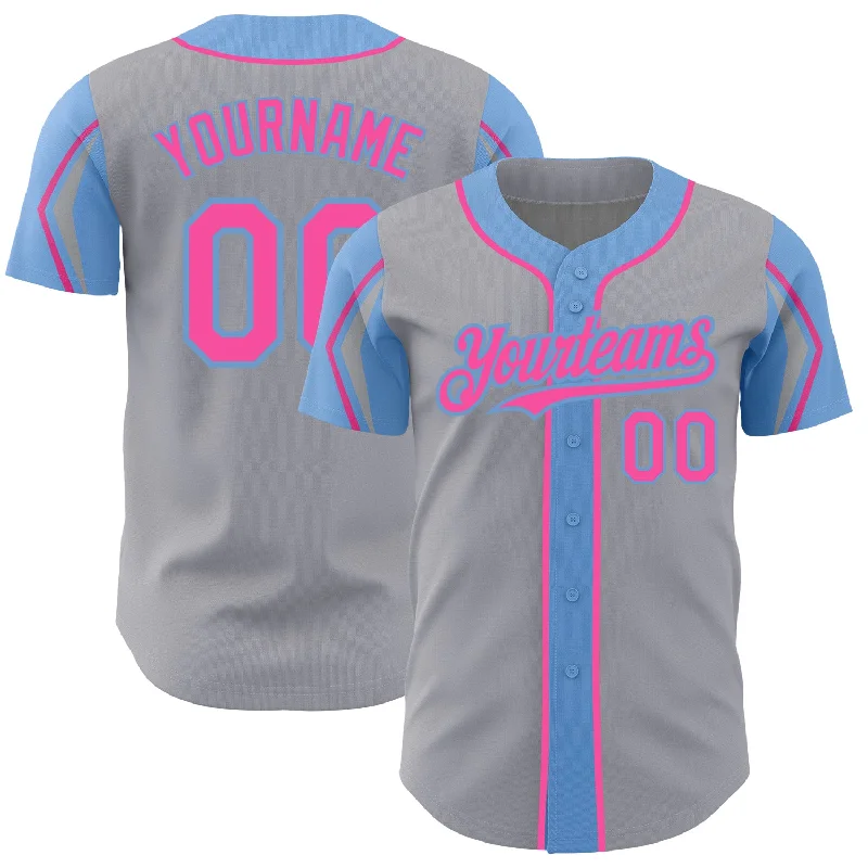 Baseball Jersey for Softball and Baseball Fans-Custom Gray Pink-Light Blue 3 Colors Arm Shapes Authentic Baseball Jersey