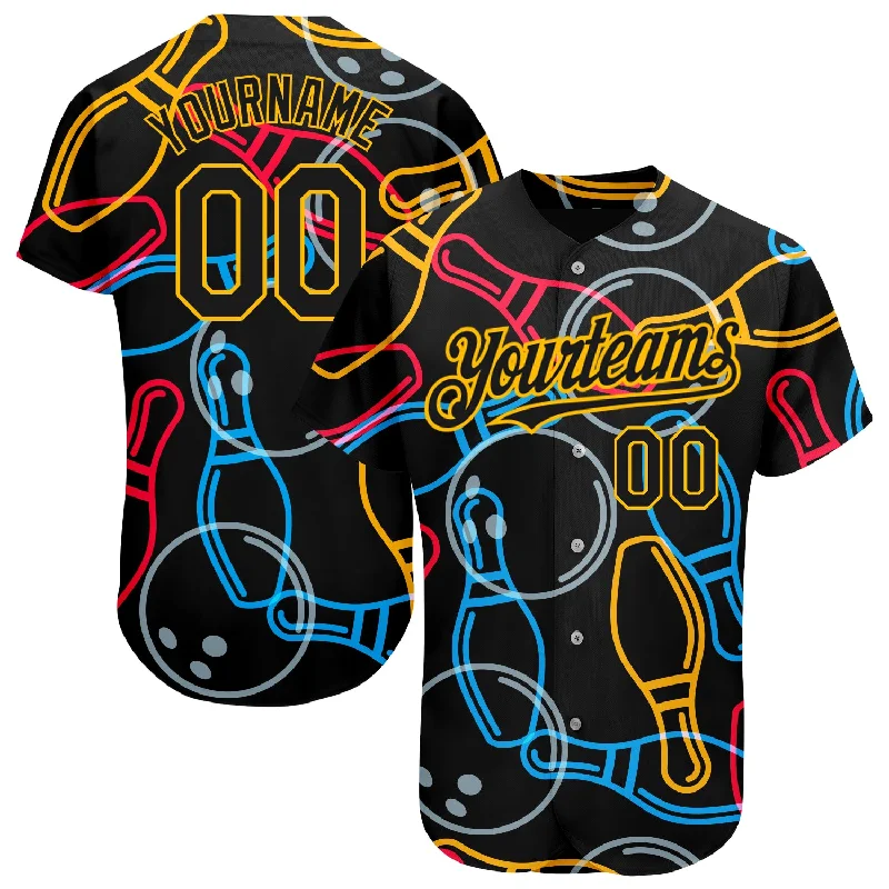 Baseball Jersey for Official Team Branding-Custom Black Gold 3D Pattern Design Bowling Authentic Baseball Jersey