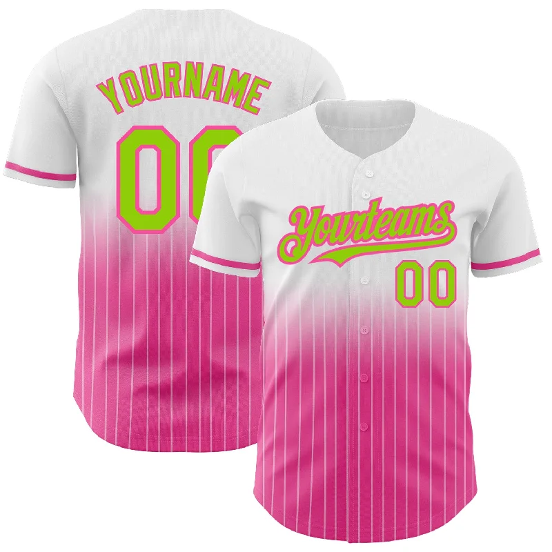 Baseball Jersey for Fast-Pitch Softball-Custom White Pinstripe Neon Green-Pink Authentic Fade Fashion Baseball Jersey