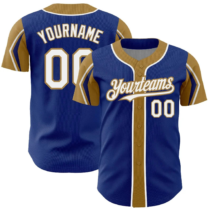 Baseball Jersey for Premium Fan Support-Custom Royal White-Old Gold 3 Colors Arm Shapes Authentic Baseball Jersey