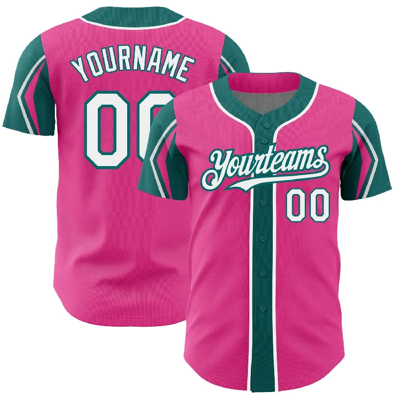 Baseball Jersey for Breathable Design-Custom Pink White-Teal 3 Colors Arm Shapes Authentic Baseball Jersey