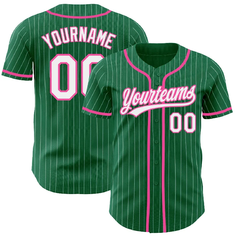 Baseball Jersey for Retro and Vintage Style-Custom Kelly Green White Pinstripe Pink Authentic Baseball Jersey