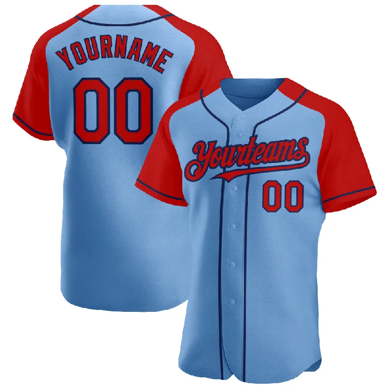 Baseball Jersey for Game Play Apparel-Custom Light Blue Red-Navy Authentic Raglan Sleeves Baseball Jersey