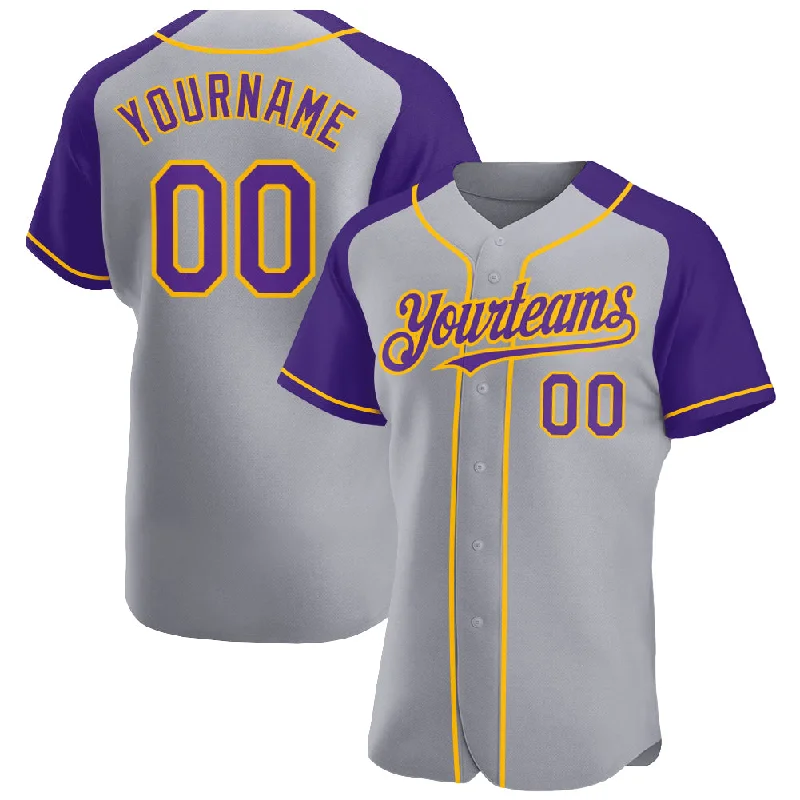 Baseball Jersey for Comfortable Youth Fit-Custom Gray Purple-Gold Authentic Raglan Sleeves Baseball Jersey