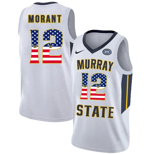 Basketball Jersey for Comfortable and Durable Fabric-Murray State Racers 12 Ja Morant White USA Flag College Basketball Basketball Jersey