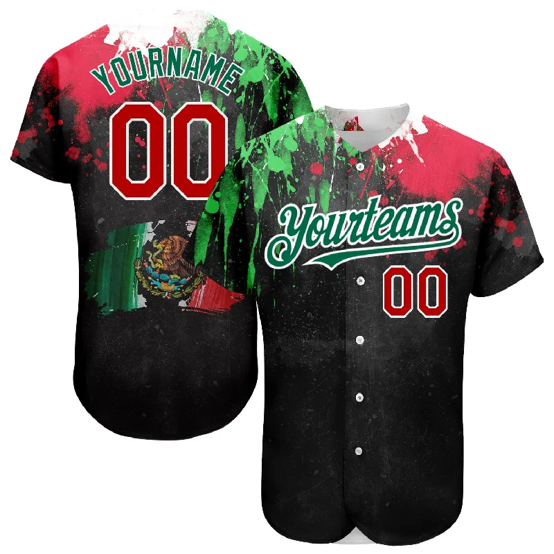 Baseball Jersey for Team Player Fit-Custom Black Red Kelly Green 3D Mexican Flag Watercolored Splashes Grunge Design Authentic Baseball Jersey