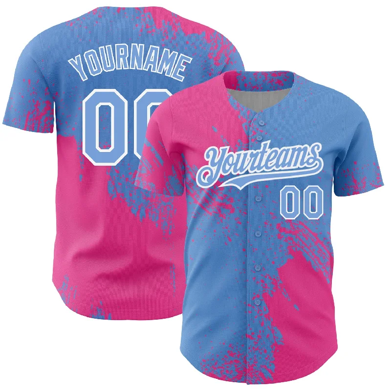 Baseball Jersey for Game Ready Uniforms-Custom Light Blue Pink-White 3D Pattern Design Abstract Brush Stroke Authentic Baseball Jersey