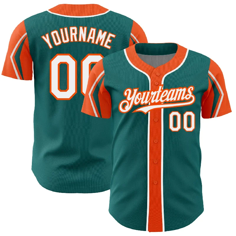 Baseball Jersey for Comfortable Game Day-Custom Teal White-Orange 3 Colors Arm Shapes Authentic Baseball Jersey