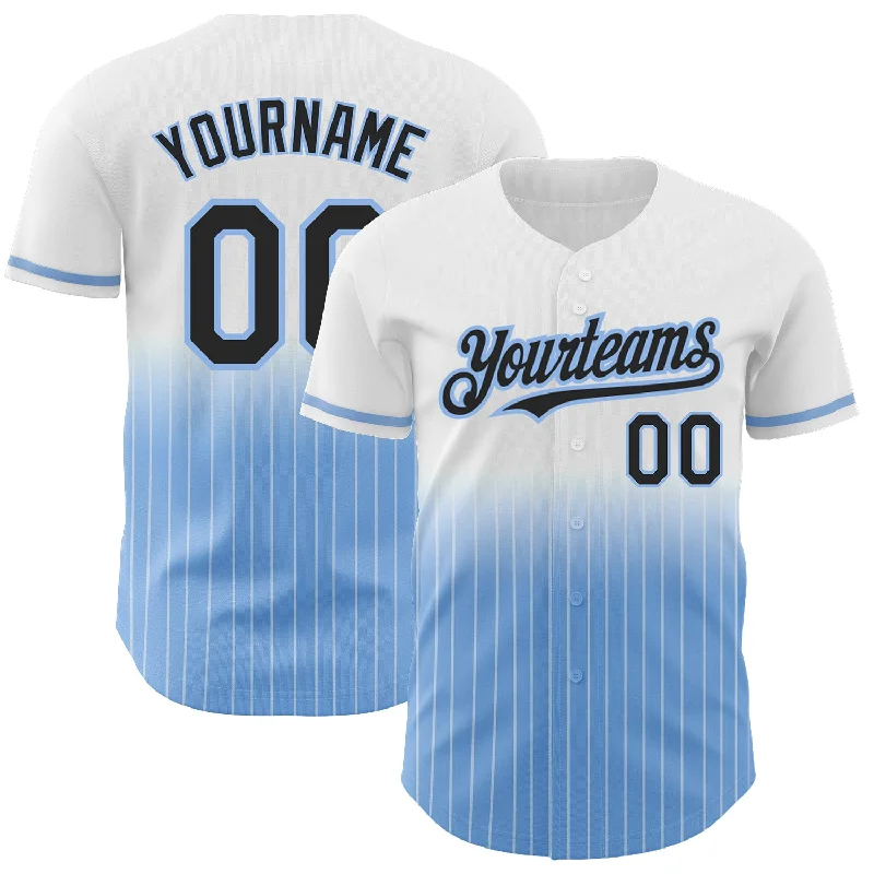 Baseball Jersey for Official Team Uniforms-Custom White Pinstripe Black-Light Blue Authentic Fade Fashion Baseball Jersey