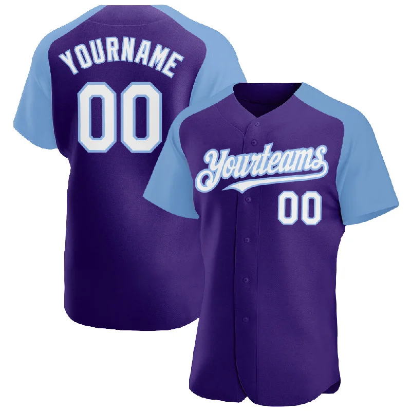 Baseball Jersey for Team Customization-Custom Purple White-Light Blue Authentic Raglan Sleeves Baseball Jersey