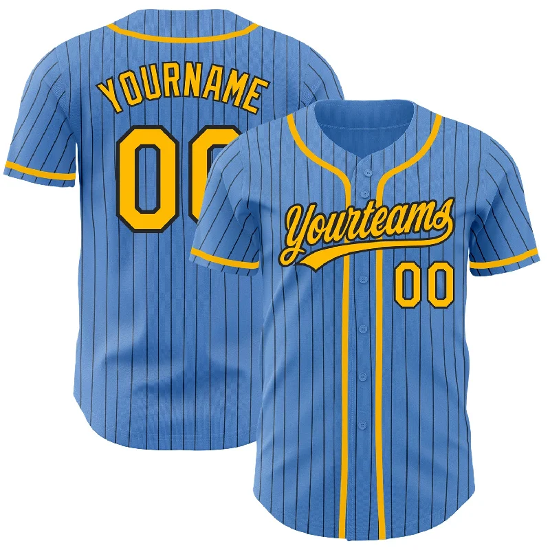 Baseball Jersey for Soft Material Comfort-Custom Powder Blue Black Pinstripe Gold Authentic Baseball Jersey