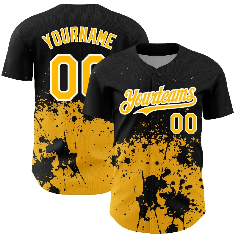 Baseball Jersey for Youth Sports Events-Custom Black Gold-White 3D Pattern Design Abstract Splash Grunge Art Authentic Baseball Jersey