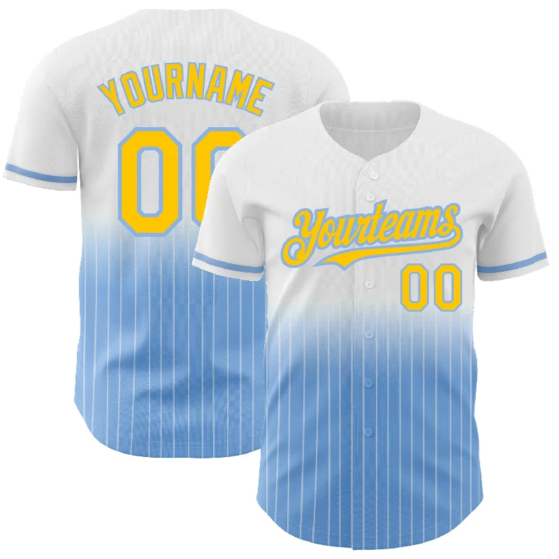 Baseball Jersey for High-Quality Soft Fabric-Custom White Pinstripe Yellow-Light Blue Authentic Fade Fashion Baseball Jersey