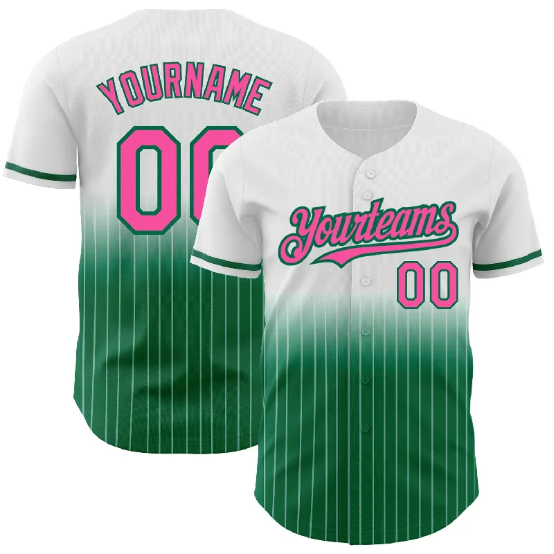 Baseball Jersey for Custom Logo Designs-Custom White Pinstripe Pink-Kelly Green Authentic Fade Fashion Baseball Jersey