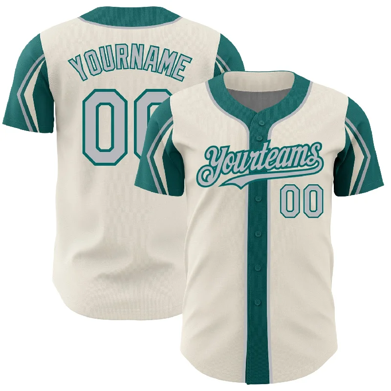 Baseball Jersey for Game Day Customization-Custom Cream Gray-Teal 3 Colors Arm Shapes Authentic Baseball Jersey