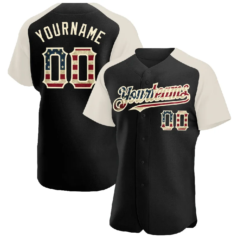 Baseball Jersey for Youth Custom Jerseys-Custom Black Vintage USA Flag-Cream Authentic Raglan Sleeves Baseball Jersey