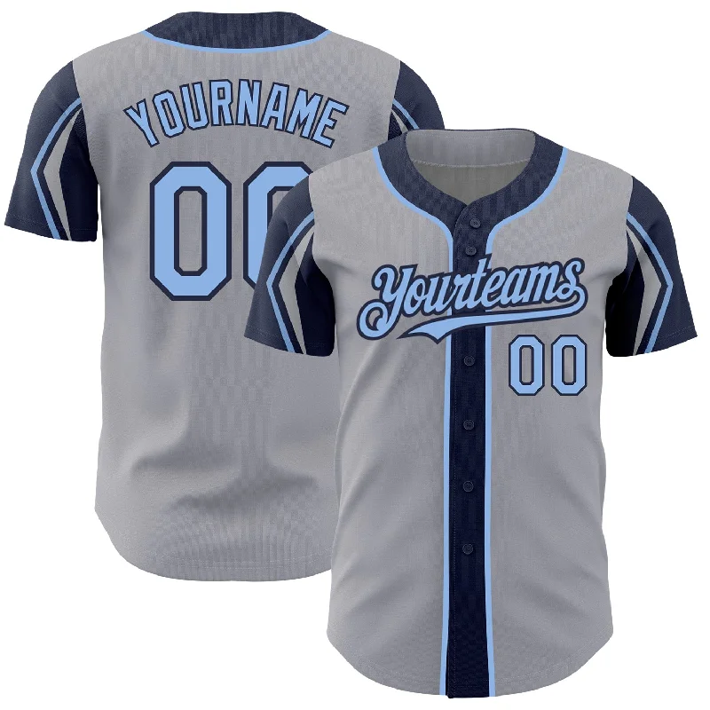 Baseball Jersey for Sports Event Fans-Custom Gray Light Blue-Navy 3 Colors Arm Shapes Authentic Baseball Jersey