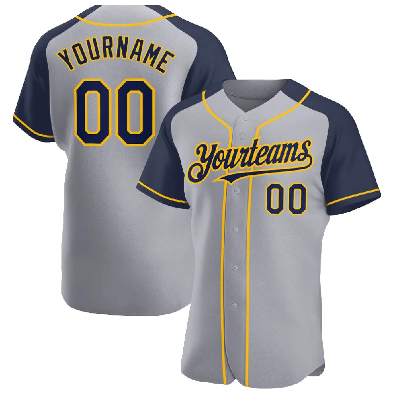 Baseball Jersey for Premium Custom Player Jerseys-Custom Gray Navy-Gold Authentic Raglan Sleeves Baseball Jersey