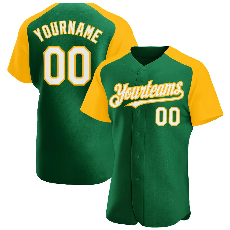 Baseball Jersey for Fan-Favorite Custom Gear-Custom Kelly Green White-Gold Authentic Raglan Sleeves Baseball Jersey