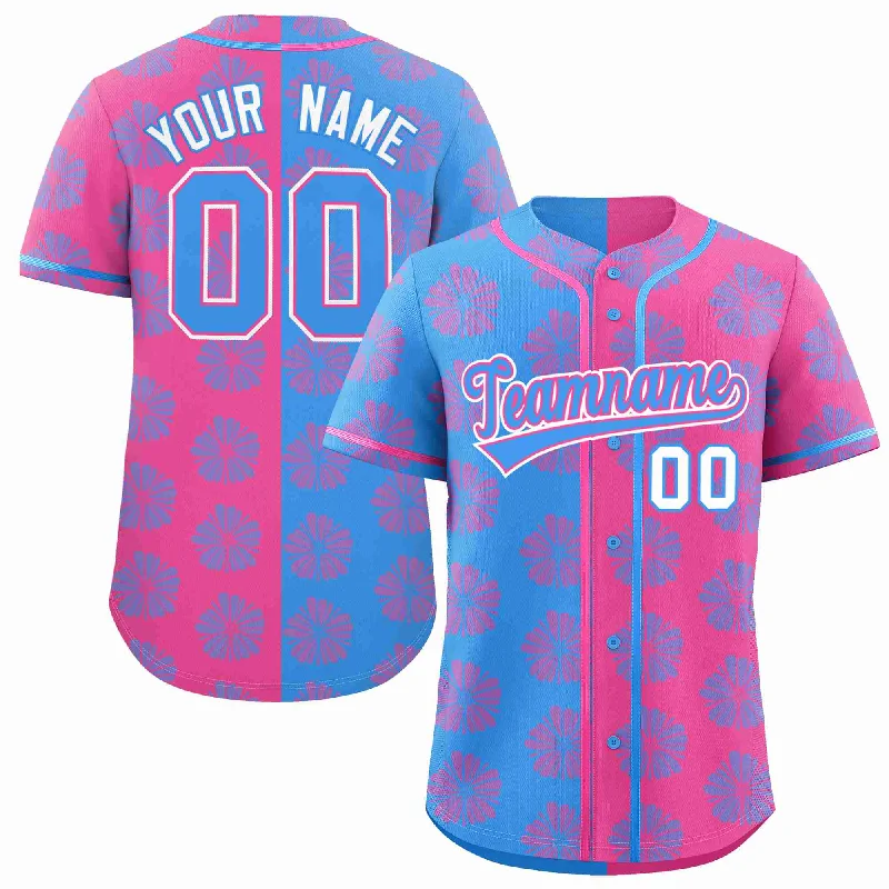 Baseball Jersey for Team Customization-Custom Powder Blue Pink Split Fashion Flower Graffiti Pattern Authentic Baseball Jersey